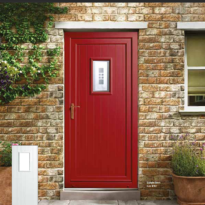 Bold red uPVC panelled front door with a central glass insert, combining classic structure with modern energy efficiency.